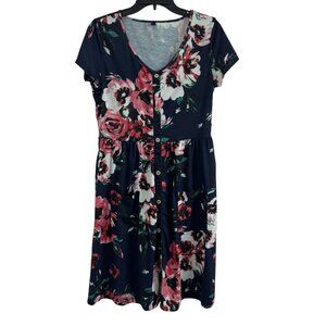 Women's Floral Navy Short-Sleeve V-Neck Pullover Midi Dress Size L